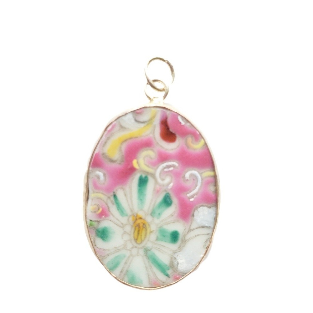 Vintage Repurposed Porcelain Floral Pendant Pink Green Silver Tone Pottery Shard